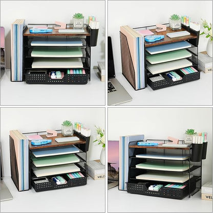 OPNICE Desk Organizer, 5-Tier Paper File Organizer with Drawer & Pen Holder, Office Desk Accessories, Workspace Desktop Organizer for Office Supplies(Brown Wood)