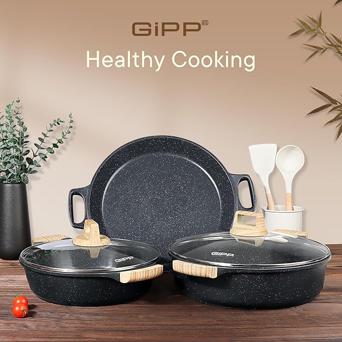 GiPP 6QT Nonstick Stock Pot with Lid Soup Pot,12.6 Inch Non Toxic Stockpot for Cooking,Stew Pot with Nonstick Ceramic Coating,Non Stick Cooking Pot Compatible with All Stoves,PFAS/PTFE/PFOA Free,Gray