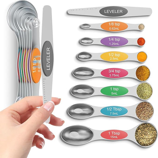 Magnetic Measuring Spoons Set Of 8, Heavy Duty 304 Stainless Steel Metal, Fits in Most Kitchen Spice Jars for Baking & Cooking, BPA Free,Measuring Dry & Liquid Ingredients Rainbow) by HOWGOODY