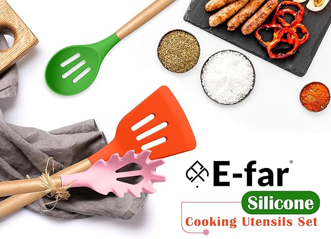 E-far Silicone Cooking Utensils Set, 10-Piece Kitchen Utensils Set with Wooden Handle for Nonstick Cookware, Heat Resistant Kitchen Nonstick Tools Spatula Whisk Ladle, Non-toxic & Healthy - Colorful - Image 7