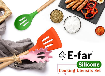 E-far Silicone Cooking Utensils Set, 10-Piece Kitchen Utensils Set with Wooden Handle for Nonstick Cookware, Heat Resistant Kitchen Nonstick Tools Spatula Whisk Ladle, Non-toxic & Healthy - Colorful - Image 7