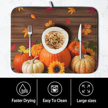 AutumnThanksgiving Pumpkin Dish Drying Mat for Kitchen Counter 18x24 Inch Fall Sunflowers Maple Leaves Harvest Kitchen Drying Mat Microfiber Super Absorbent Dish Rack Drainer Mat with Hanging Loop - Image 4