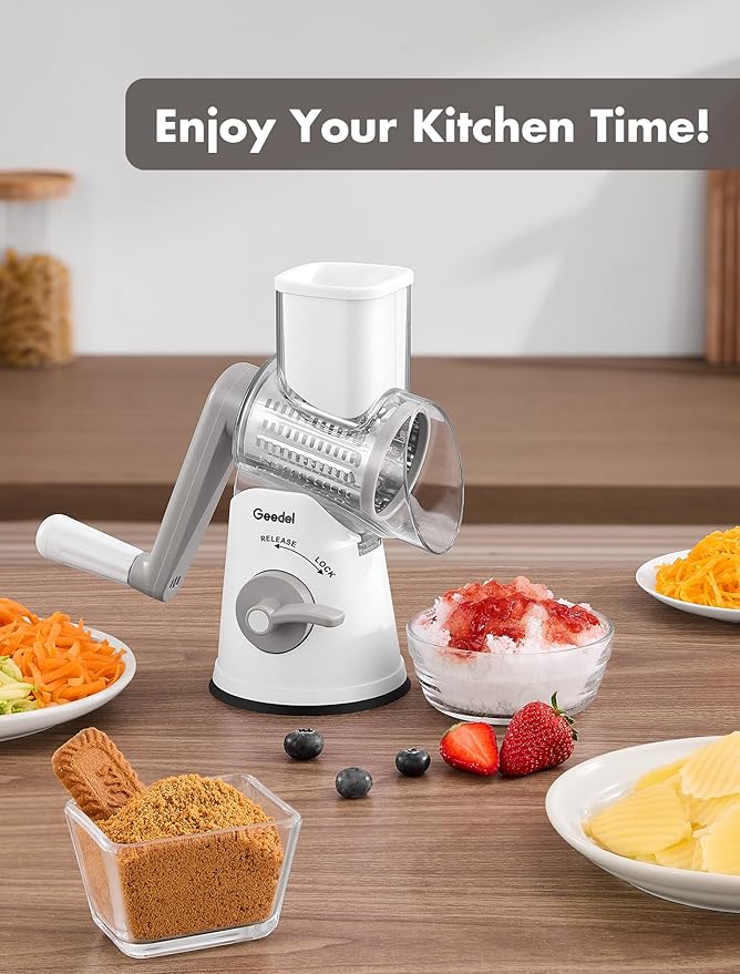 Geedel Rotary Cheese Grater Cheese Shredder with 5 Interchangeable Blades - Upgraded Rotary Grater Featuring Strong Suction Base for Cheese Shredding, Wavy Slicing, Nut Grinding, and Ice Shaving - Image 8