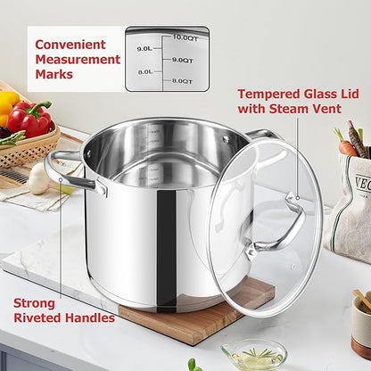 LIANYU 10 Quart Pot with Lid, 10 QT Tri-ply Stainless Steel Stockpot, Heavy Duty Deep Canning Soup Cooking Pot for Gas, Electric, Stoves, Induction, Riveted Handles, Dishwasher Safe