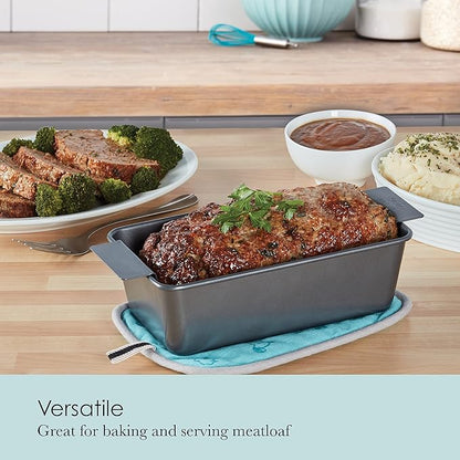 Chicago Metallic 2-Piece Healthy Meatloaf Pan with Draining Insert Professional Grade Non-Stick Carbon Steel Baking Pan with Lift and Serve Feature, 12.2 inch, Grey
