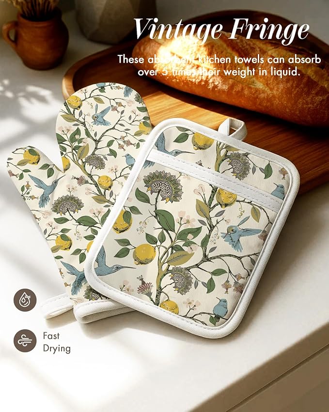 Miss Adola 270 GSM Cotton Kitchen Towels, Oven Mitt and Pot Holder - 4 Pack Kitchen Decor and Accessories Set Spring Cute Farmhouse Boho Quilted Lining Heat Resistant Set with Hanging Loop, Lemon Bird - Image 3