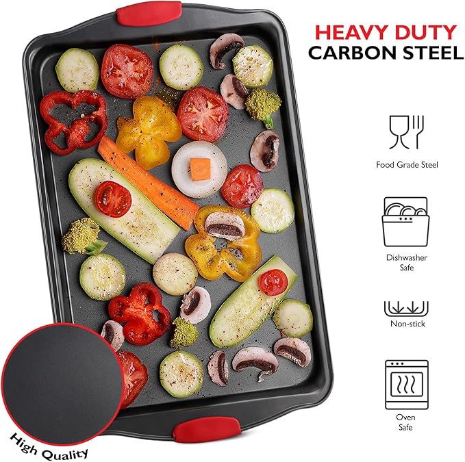 Baking Sheet Set, 3-Piece Cookie Sheet Set with Silicone Handles, Steel Baking Pans Set, Durable Baking Sheets for Oven, BPA Free Cookie Sheets for Baking Nonstick Set, Sheet Pan - Black Baking Pan - Image 6