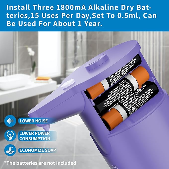 Aunmaon Automatic Soap Dispenser Touchless, Hands-Free, Multi Adjustable Volume, Long Battery Life, Compatible with Thick & Thin Dish/Hand Soap for Bathroom and Kitchen, Easy for Toddlers, Purple - Image 6