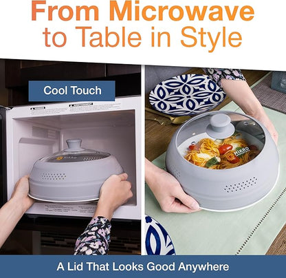 Mikro Innovations Glass & Silicone Microwave Splatter Cover – Tall and Collapsible Design that fits 6-10.5in Plates and Bowls - Space Saving, BPA Free & Dishwasher Safe (1, Gray, large)