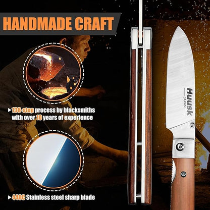 Huusk Folding Chef Pocket Knife - Japanese Santoku Knives, edc Kitchen Knives with 440C Stainless Steel Ultra Sharp Blade, Portable Meat Knives for Vegetable, Christmas Gift for Men and Women