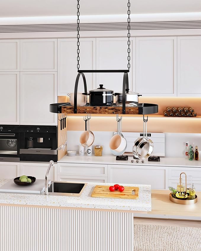 CHOEZON Hanging Pot Rack, Pot Hanger for Kitchen, Ceiling Mounted Pot Holder, Cookware Organizer with 12 S-Shaped Hooks, for Pot, Pan Storage, Space-Saving, Rustic Brown and Black TPR08BFC1 - Image 3