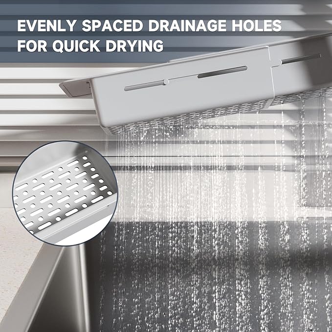 NiHome Extendable Over Sink Kitchen Organizer, Small Telescopic Brush Storage Rack for Sponge, Non-Slip Pads Expandable Sink Caddy, Adjustable Sponge/Brush Rack with Drainage Durable ABS (Gray) - Image 8