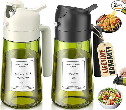 Vakoo Oil Sprayer for Cooking, 2 in 1 Oil Dispenser for Kitchen, 16oz/470ml Light-Blocking Dark Glass Olive Oil Spray Bottle, Air Fryer, Salad & BBQ (Black&White)