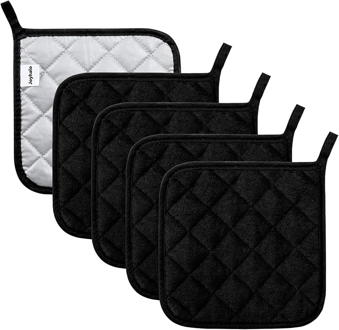 Pot Holders Cotton Made Machine Washable Heat Resistant Potholder, Pot Holder, Hot Pads, Trivet for Cooking and Baking (5, Black) by Joyhalo