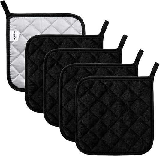 Pot Holders Cotton Made Machine Washable Heat Resistant Potholder, Pot Holder, Hot Pads, Trivet for Cooking and Baking (5, Black) by Joyhalo