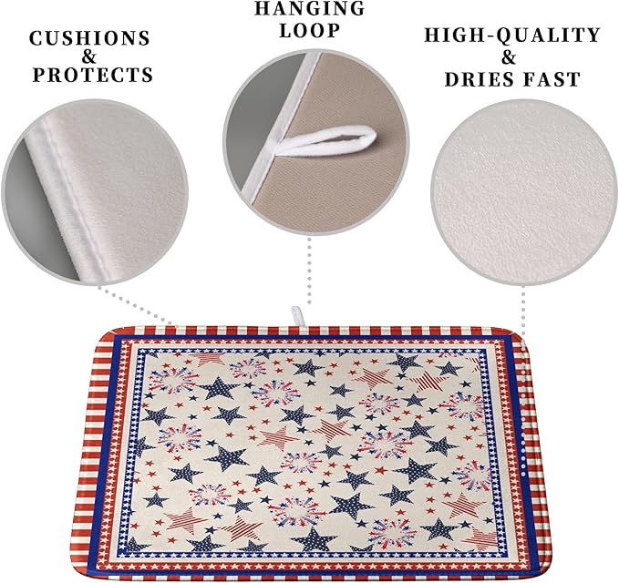 Happy 4th of July Patriotic Dish Drying Mat 18 x 24 Inch US Independence Day Vintage Star Kitchen Drying Mat Blue White Red Dish Drainer Mats Super Absorbent Dish Rack Pad for Coffee Bar Sinks - Image 3
