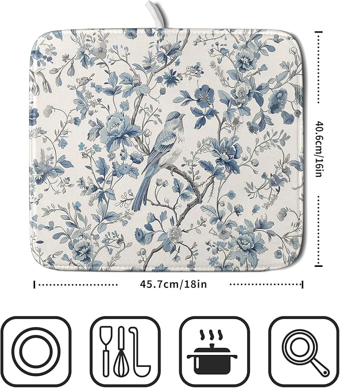 Chinoiserie Trees Dish Drying Mat for Kitchen Counter,Bule Bird Flowers Drying Mat 16 x 18 Inch with Absorbent Reversible Microfiber Drying Pad for Coffee Bar - Image 2