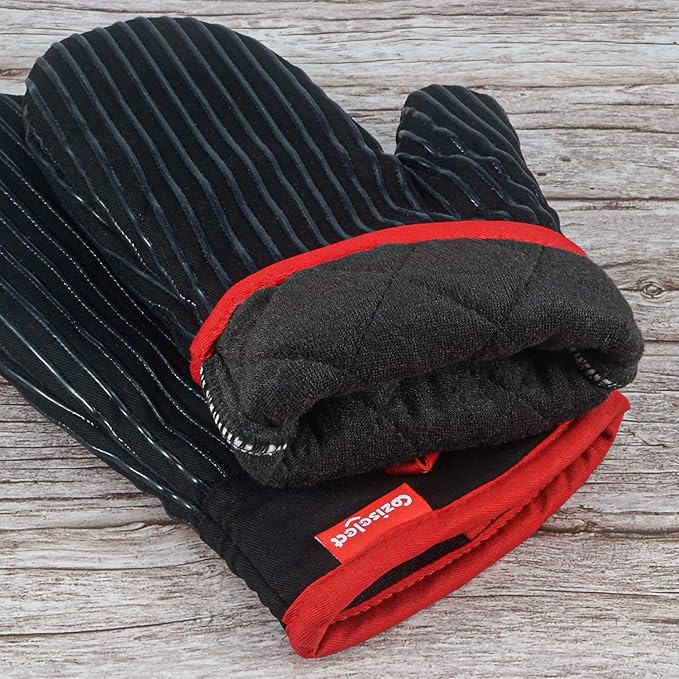 Oven Mitts and Pot Holders Set, Cooking Mitts, Heat Resistant Cooking Mitts and Pot Holders, Silicon Oven Gloves Set for Kitchen, Pure Cotton and Terrycloth Lining, Black, 4 Pcs Set - Image 4