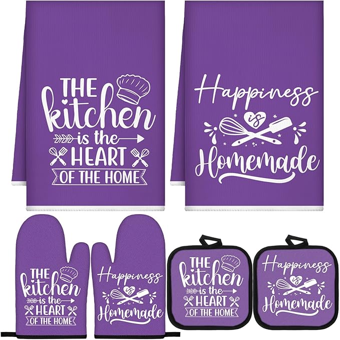 Sratte 6 Pcs Kitchen Decor Accessories Set Farmhouse Towels Pot Holders Oven Mitts Set 2 Dish Towels 2 Potholders 2 Cooking Mittens Oven Glove for Christmas Baking Cooking (Purple,Kitchen) by Sratte