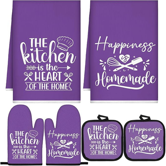 Sratte 6 Pcs Kitchen Decor Accessories Set Farmhouse Towels Pot Holders Oven Mitts Set 2 Dish Towels 2 Potholders 2 Cooking Mittens Oven Glove for Christmas Baking Cooking (Purple,Kitchen) by Sratte