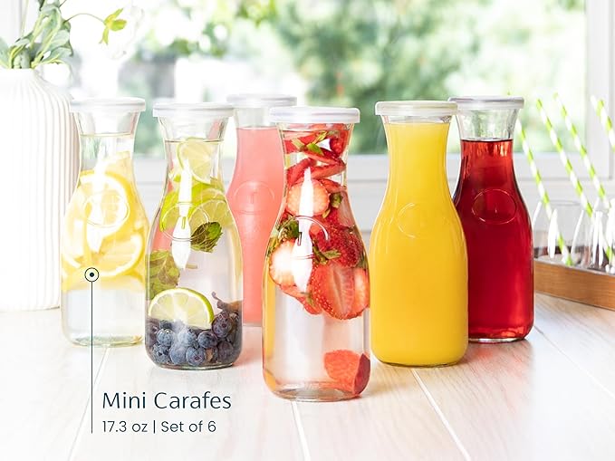 Glass Carafe Pitchers, by Kook, Mini Carafes- set of 6, Beverage Dispensers, Clear Jugs For Mimosas, Water, Wine, Milk and Juice, with Plastic Lids, Dishwasher Safe 17.3 oz - Image 3