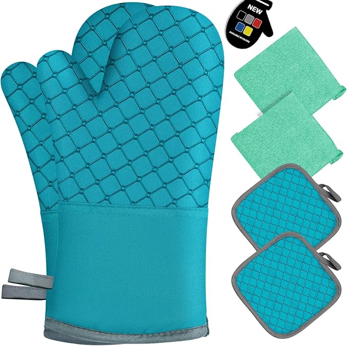 6 Pcs Oven Mitts and Pot Holders, 500℉ Heat Resistant Oven Mitts with Kitchen Towels Soft Cotton Lining and Non-Slip Silicone Surface Safe for Baking, Cooking, BBQ (Lake Blue) by Unknown