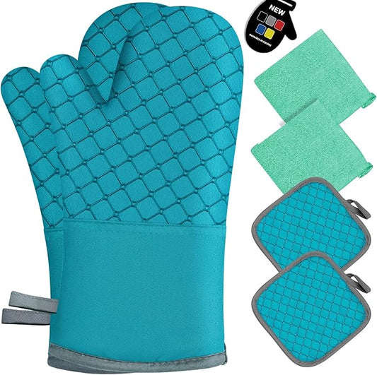 6 Pcs Oven Mitts and Pot Holders, 500℉ Heat Resistant Oven Mitts with Kitchen Towels Soft Cotton Lining and Non-Slip Silicone Surface Safe for Baking, Cooking, BBQ (Lake Blue) by Unknown