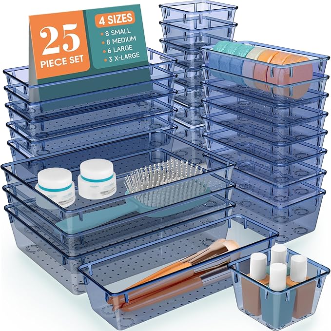 WOWBOX 25 PCS Plastic Drawer Organizer Set, 4 Sizes Desk Drawer Divider Organizers and Storage Bins for Makeup, Jewelry, Gadgets for Kitchen, Bedroom, Bathroom, Office, Clear Dark Blue by WOWBOX