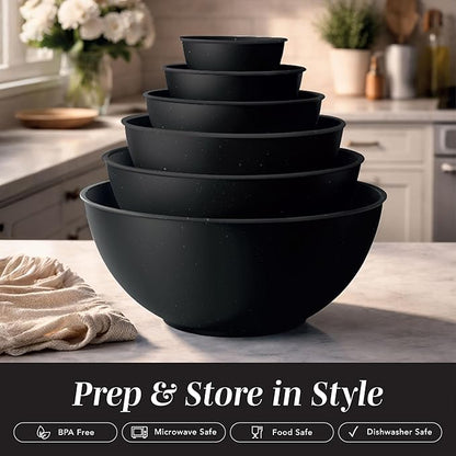 COOK WITH COLOR Mixing Bowls with TPR Lids - 12 Piece Plastic Nesting Bowls Set includes 6 Prep Bowls and 6 Lids, Microwave Safe (Speckled Black) - Image 3