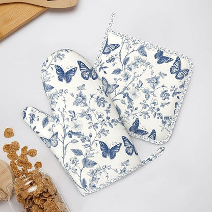 Oven Mitts and Pot Holders Butterfly Flower Vintage Blue Silicone Kitchen Accessories Set of 4 Heat Resistant Long Gloves Potholder Non-Slip Grip for Chef Cooking Baking Grilling BBQ