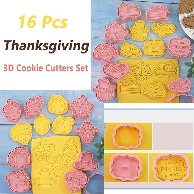 16-Pcs Thanksgiving Cookie Cutters Set 3D Cookie Cutters for Party Baking Decoration