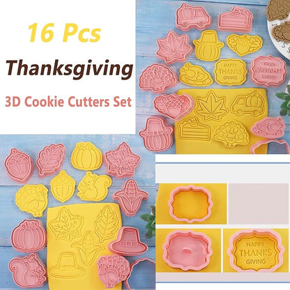 16-Pcs Thanksgiving Cookie Cutters Set 3D Cookie Cutters for Party Baking Decoration