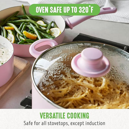 GreenLife 6QT Ceramic Nonstick Stockpot with Glass Straining Lid, PFAS-Free, Dishwasher Safe, Stay-Cool Handles, Oven Safe to 350°F, Wobble-Free Base, Even Heating, Pink - Image 8