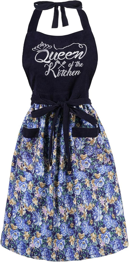 Cute Floral Aprons for Women with Pockets,Cotton Adjustable Neck Strap Apron for Kitchen Cooking Baking Gardening
