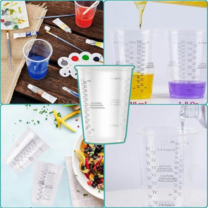 Taeku Measuring Cups Plastic, 8 oz Disposable Clear Epoxy Cups for Resin Reusable Multipurpose Stain Paint Liquid Mixing Cups for Cooking Baking (Pack of 50)