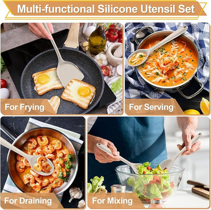 P&P CHEF Kitchen Utensil Set, 4 Pieces Non-stick Silicone Cooking Utensils, Heat-resistant Slotted Solid Spoon Turner for Frying, Mixing, Serving, Non-toxic & Easy to Clean, Khaki - Image 5
