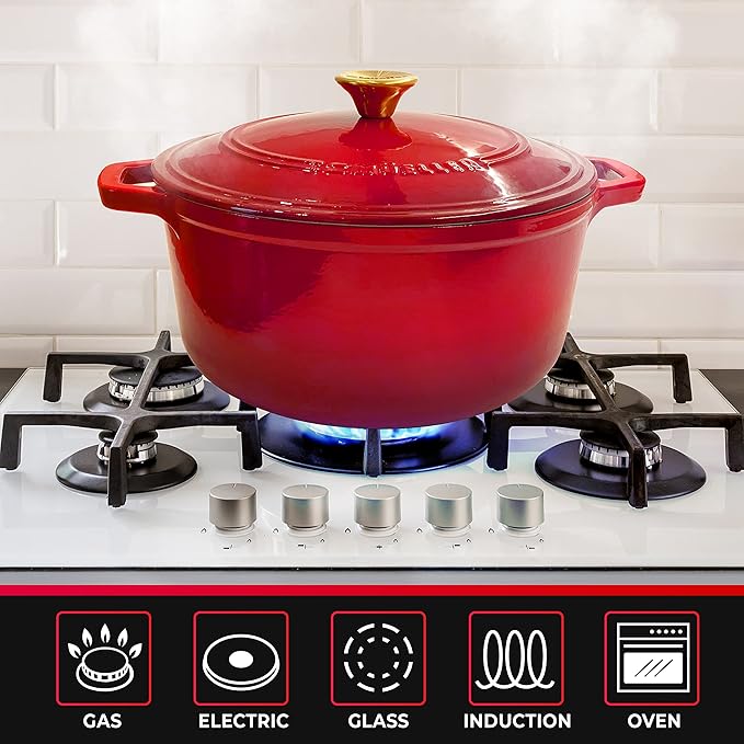 Mueller 6qt Enameled Cast Iron Dutch Oven, Heavy-Duty Casserole and Braiser Pan with Lid and Knob, Oven-Safe up to 500° F & Across All Cooktops, Red - Image 6