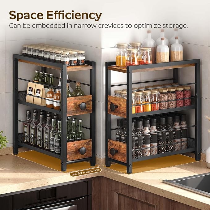 YATINEY Spice Rack, 3-Tier Pull Out Spice Rack Organizer for Countertop, Narrow Kitchen Countertop Storage Shelf with 2 Drawers, for Kitchen, Cafe, Rustic Brown and Black SR02BR - Image 5