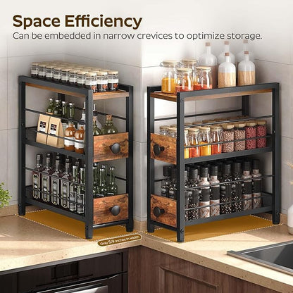 YATINEY Spice Rack, 3-Tier Pull Out Spice Rack Organizer for Countertop, Narrow Kitchen Countertop Storage Shelf with 2 Drawers, for Kitchen, Cafe, Rustic Brown and Black SR02BR - Image 5
