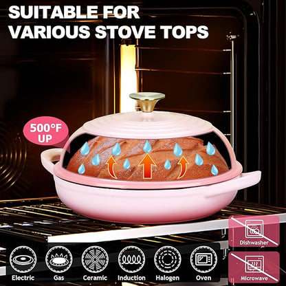 TeamFar Cast Iron Bread Dutch Oven, 6 Qt Enameled Dutch Oven Pot for Sourdough Bread Baking, with Tall Dome Lid & Round Base Pan, Self-Basting & Even-Heating, Heavy-Duty & Non-stick, Pink