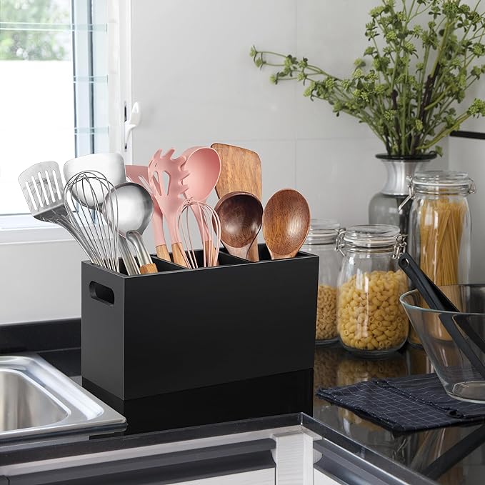 ALELION Black Kitchen Utensil Holder for Countertop - Wooden Large Utensil Caddy Organizer for Counter - 3 Compartment Cooking Utensil Crock for Silverware Spoon Spatula - Image 4