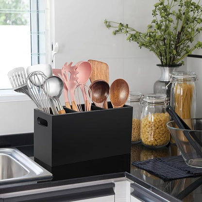 ALELION Black Kitchen Utensil Holder for Countertop - Wooden Large Utensil Caddy Organizer for Counter - 3 Compartment Cooking Utensil Crock for Silverware Spoon Spatula - Image 4