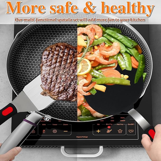 Spatula Set 6-Piece - kitchen utensils set cooking Stainless Steel Turner Set, 600°F Heat Resistant, Metal Spatulas for Griddle/Cast Iron & Nonstick Safe Silicone Tools for Egg, Pancake, Burger - Image 4