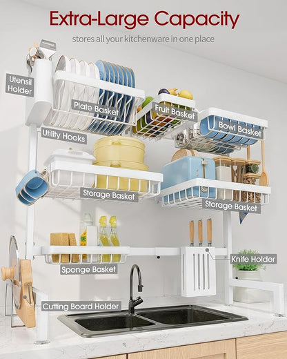 Sakugi Dish Drying Rack - Over The Sink Dish Drainer Drying Rack with Utensil & Knife Holder, Hooks, Stainless Steel Kitchen Organizers and Storage Solution, 11.8" D x 31.5"~39.0''W x 30" H, White - Image 4