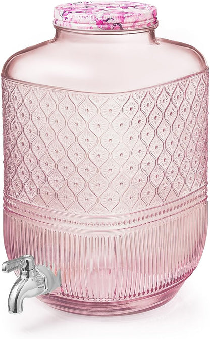 Godinger Drink Dispenser 2 Gallon, Large Glass Water Dispenser - (256oz) Blush
