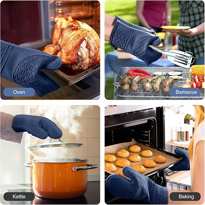 Silicone Oven Mitts, Heat Resistant 2PCS Oven Mitts with Soft Cotton Lining, Waterproof Non-Slip Grip Oven Glove, Kitchen Potholder Mits for BBQ, Baking, Cooking, 12.5 Inch - Dark Blue - Image 6