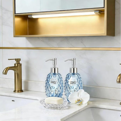 MALACHI Soap Dispenser Set, Crystal-Textured Diamond Glass with Rustproof Stainless Steel Pump, Dual-Labelled Hand & Dish Soap Dispenser for Kitchen & Bathroom