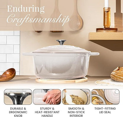 Nuovva Enamelled Cast Iron Dutch Oven Pot with Lid 6.4 Quart Non Stick Casserole Pot – Heavy Duty & Oven Safe up to 500° F for Bread Baking, Braising, Stews, Roasting – 28cm Oyster - Image 6