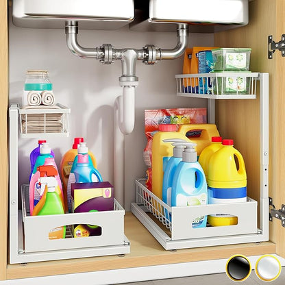 Under Sink Organizer, 2 Pack Cabinet Organizer for Kitchen, Height Adjustable Pull Out Heavy Duty 2 Tier Metal Under Sink Storage for Bathroom Pantry (White, 2 Pack) - Image 9