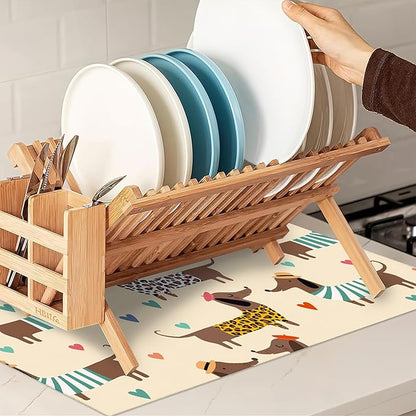 Dachshunds Dogs Dish Drying Mats 18x24 Inch,Leopard Print Hearts Dish Pad Drying Rack Mat for Kitchen Counter Ultra Absorbent Microfiber Dishware Coffee Maker Bar Countertop Decor